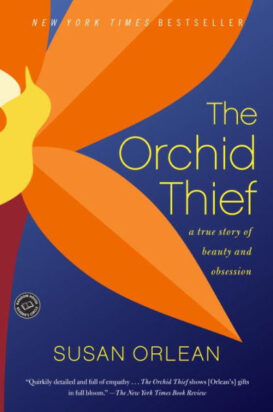 The cover art for Susan Orlean's The Orchid Thief is a stylized illustration of a closeup view of several orchid petals.