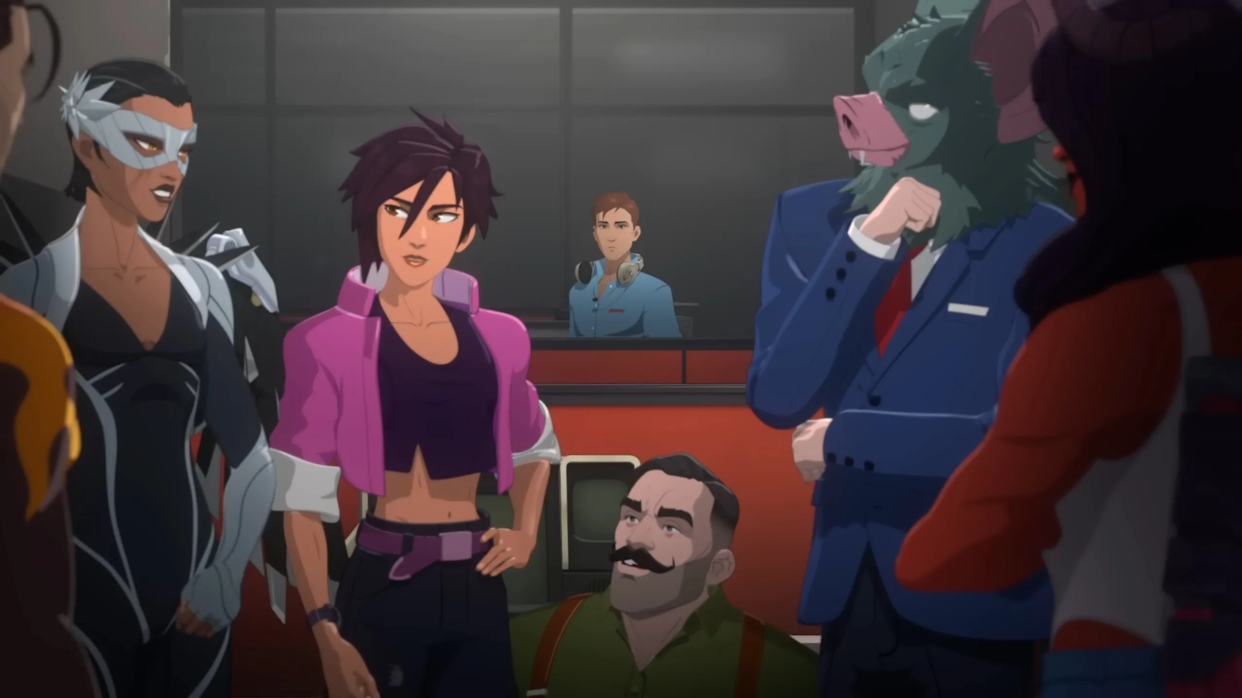 The various superheroes in the cast of Dispatch confer very seriously with each other.