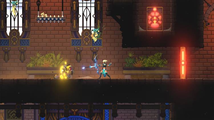 A blonde-haired woman shoots an arrow at an enemy in this screenshot from the side-scroller Foregone.