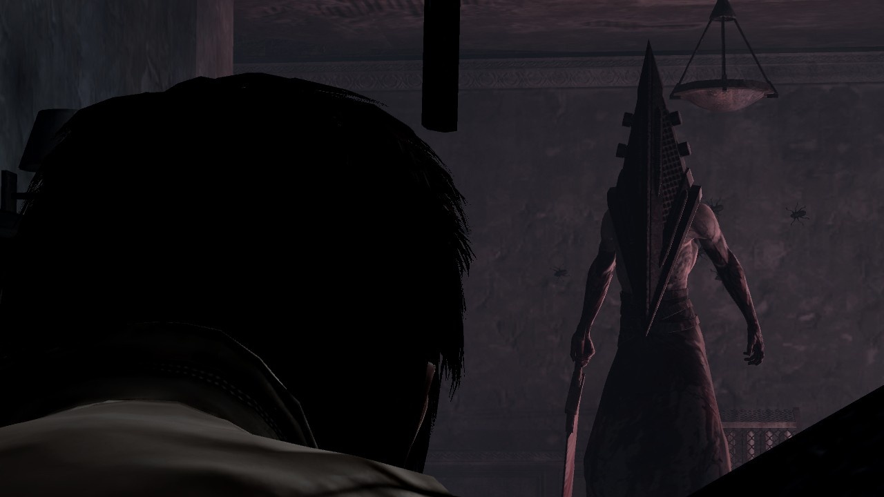 A screenshot from Silent Hill 2 shows a character with a large, triangular helmet known as Pyramid Head.