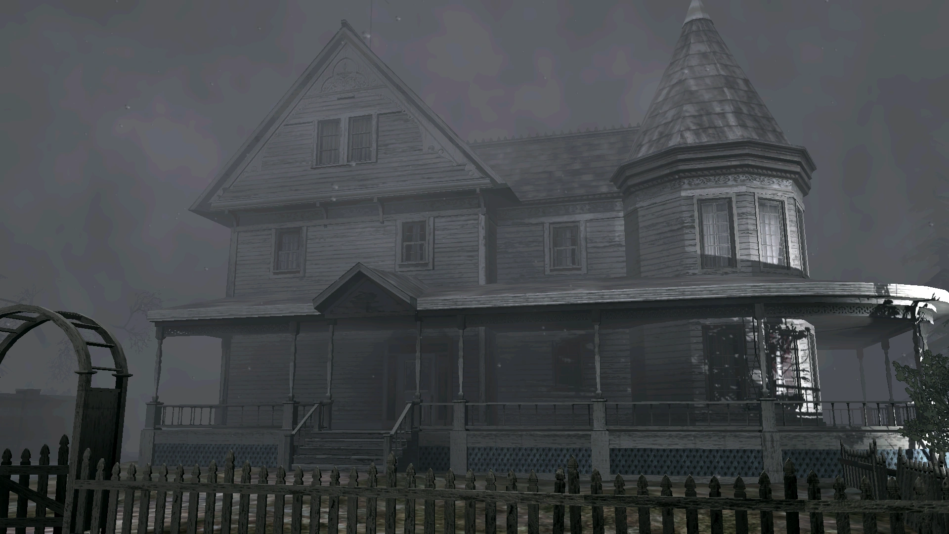 A screenshot depicts the slightly run-down Shepherd House from the video game Silent Hill: Homecoming.