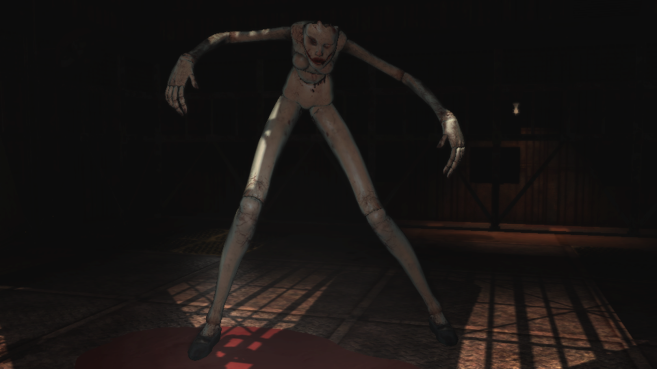 The boss character Scarlet from the 2008 video game Silent Hill: Homecoming resembles a very tall, gangly-limbed porcelain doll.
