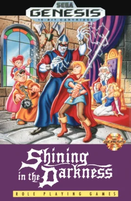 Cover art for the Sega Genesis game Shining in the Darkness shows a hero standing up to a wizard inside a throne room while members of the royal household look on.