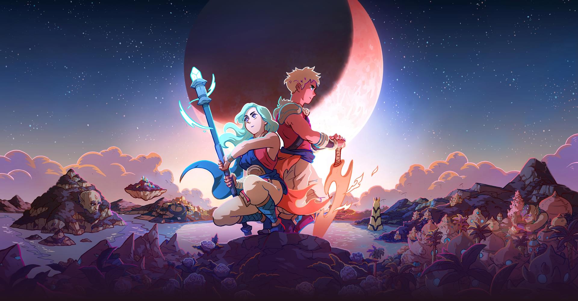 Key art for Sea of Stars features the two main protagonists in a stylized landscape under a night sky with a large, reddish crescent moon at the center.