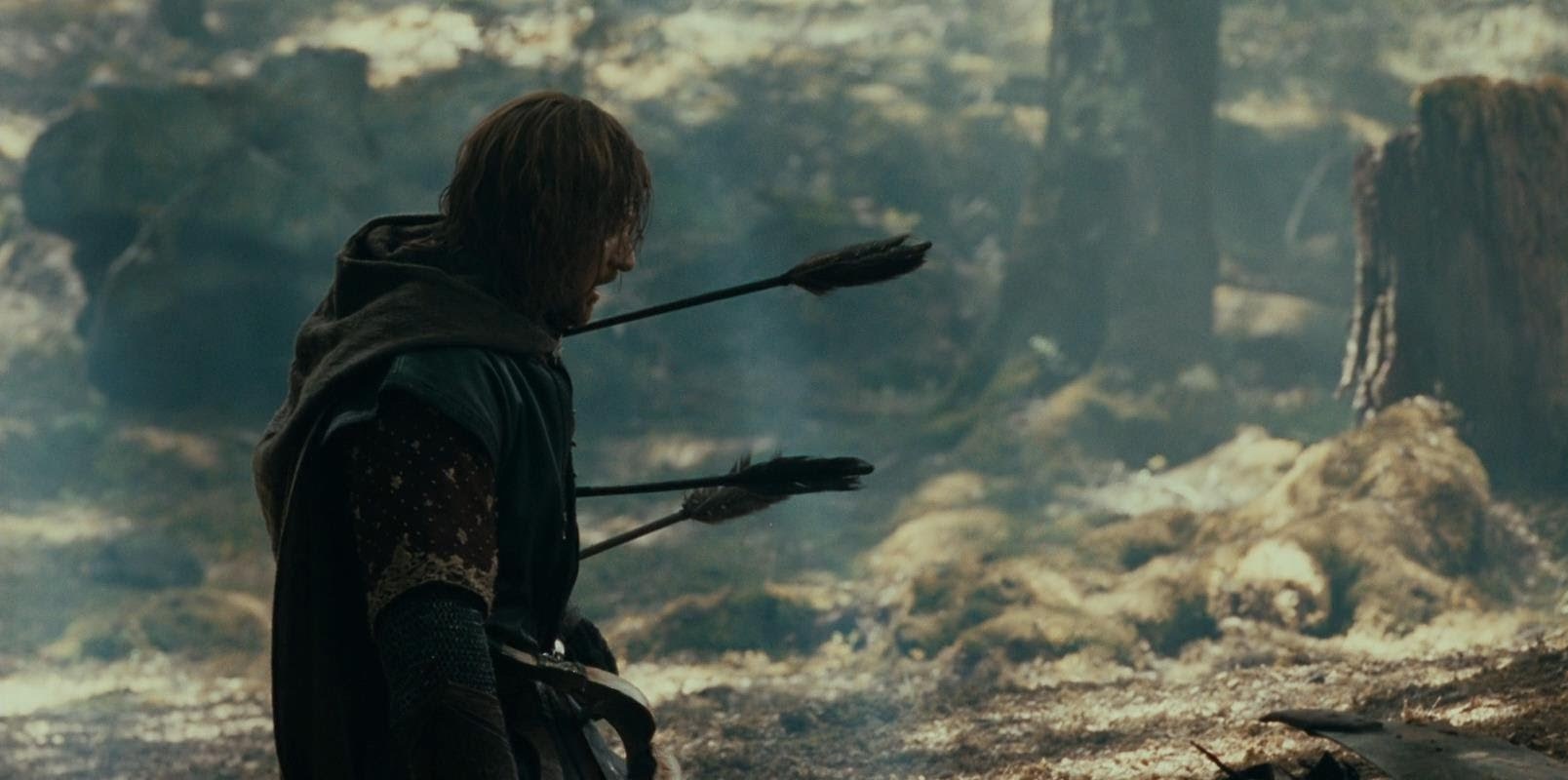 A side-view of Boromir kneeling in the forest, three arrow shafts protruding from his torso.