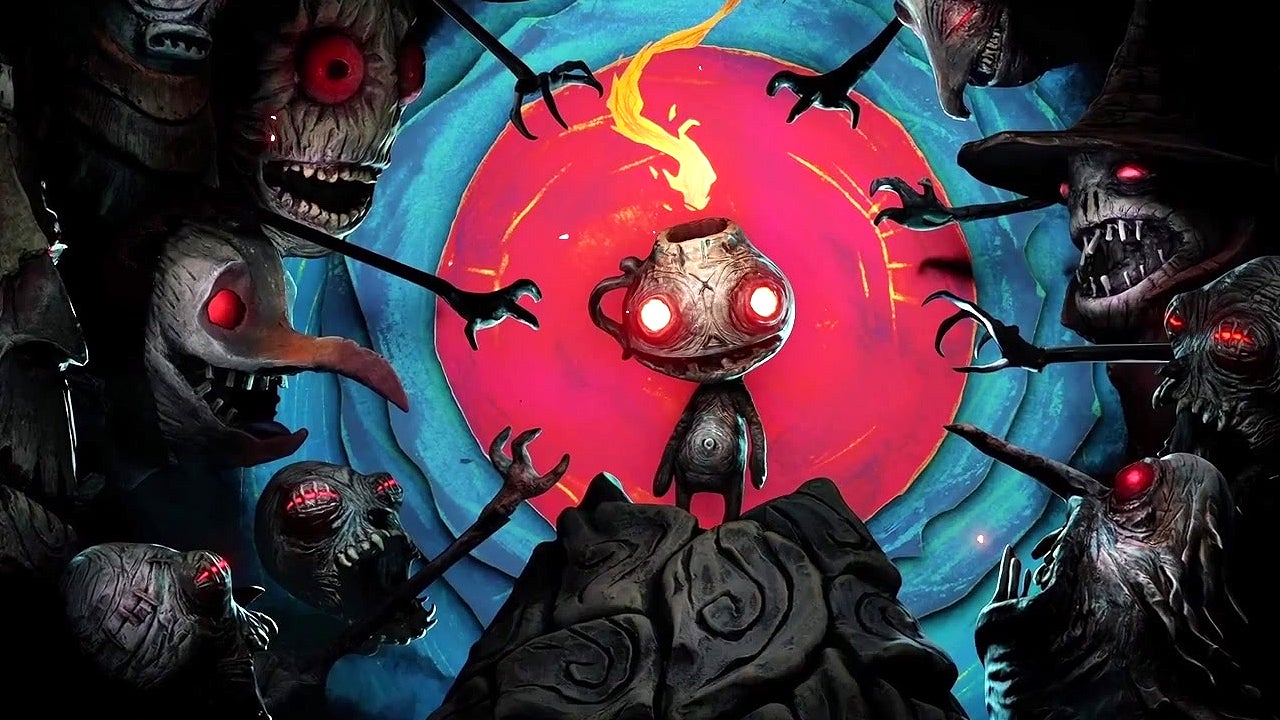 A screenshot from The Midnight Walk shows the lantern-headed Potboy standing on a rock formation as several creatures reach from him from all sides.