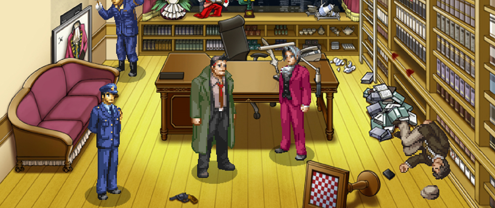 A screenshot from Ace Attorney Investigations: Miles Edgeworth has a group of people, including a detective gathered together in a ransacked office.