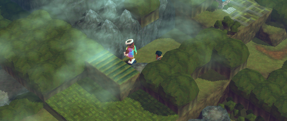 A screenshot from Angeline Era shows a birds-eye view of a rolling green landscape. In the center, a lone figure examines an angelic statue.
