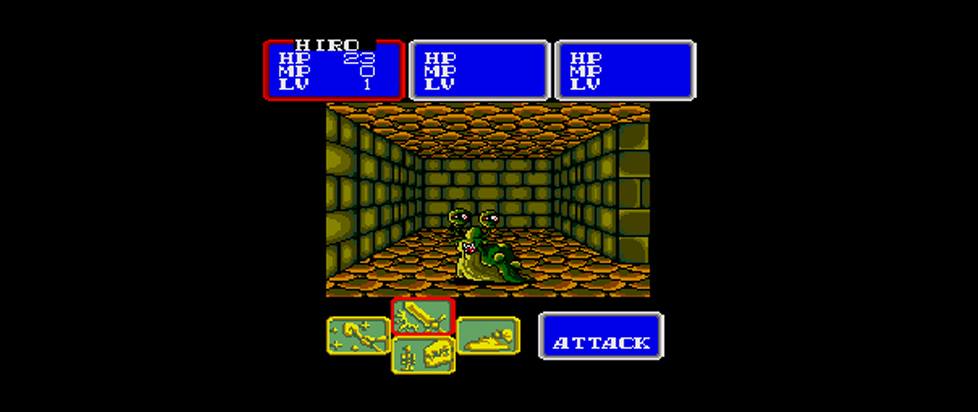 A screenshot from Shining in the Darkness shows a blobby snail-like monster in a small dungeon room.