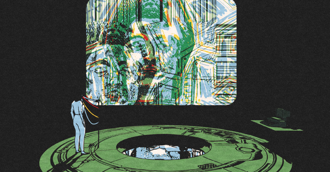 A person in a light-colored, full-body suit stands with their back to the viewer, staring up a screen showing an abstract image reminiscent of modern art.