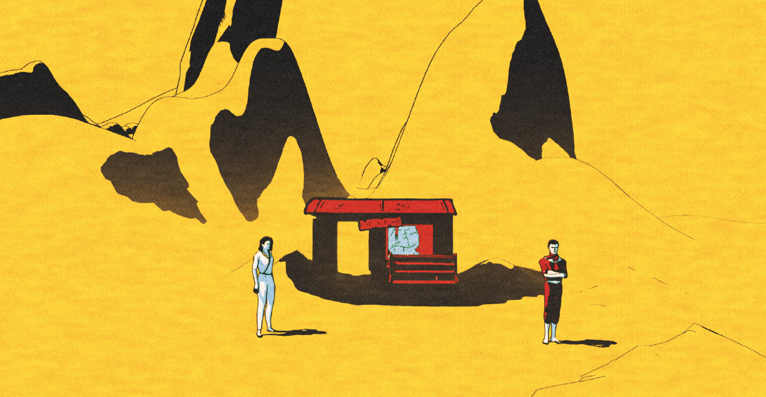 A small, red structure, possibly a cabin or shelter, is situated between two figures in a desert landscape.