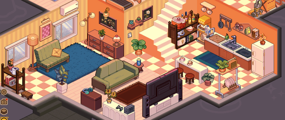 A screenshot of a pixelated living room from the game Whisper of the House, a cozy organization and puzzle-solving game.