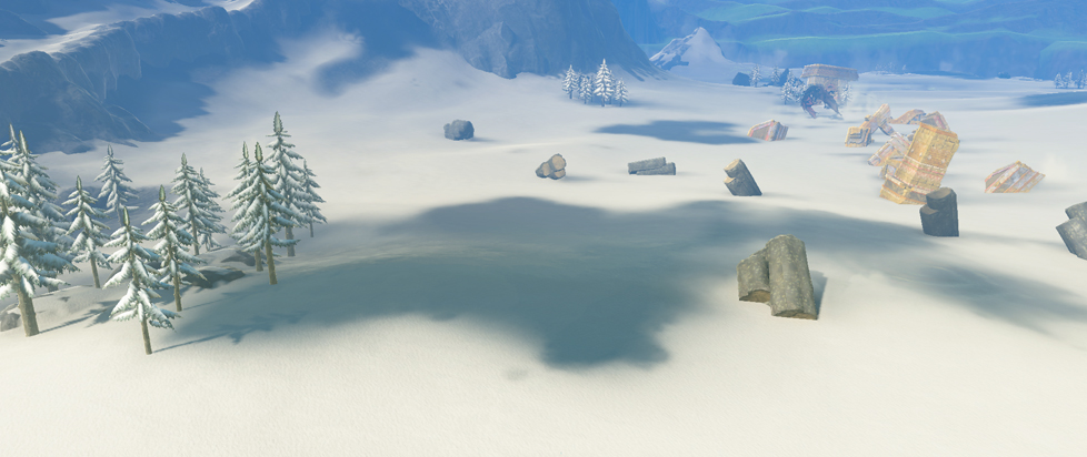 A screencap from Tears of the Kingdom shows a snowy landscape with rolling hills leading to tall mountains in the distance.