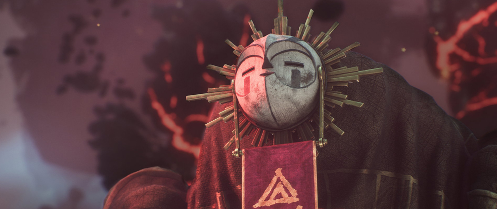 A close-up of the character Esquie from the game Clair Obscur: Expedition 33, a large, imposing figure wearing a distinctive, split-face mask.