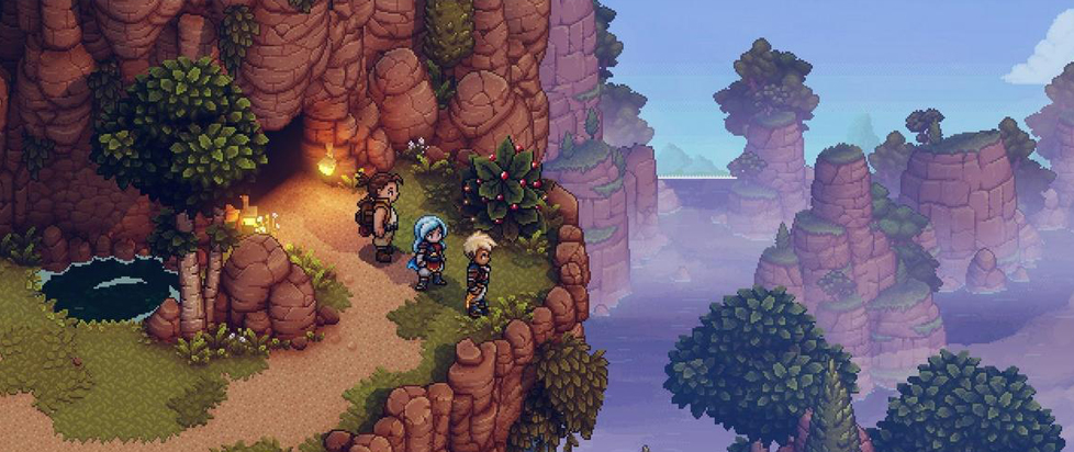 A screenshot from the RPG Sea of Stars shows three characters standing on a rocky cliff edge, overlooking a vast, misty landscape of floating rock formations and water.