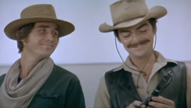 Just two lads dressed as cowboys getting ready for some Westworld fun