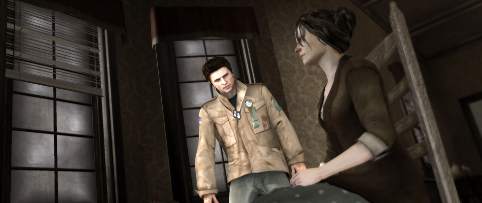 A screenshot from the videogame Silent Hill: Homecoming, featuring the main protagonist, Alex Shepherd, with his mother, Lillian Shepherd.