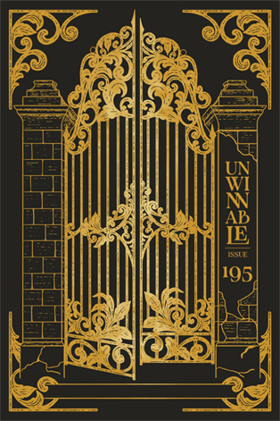 The cover of Unwinnable Issue #195 features a large ornate gate rendered in gold ink on a dark background.
