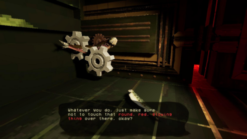 A screenshot from How fish is Made where the hplayer fish is meeting the fish caught in gears who is asking that the player not touch the round red glowing thing