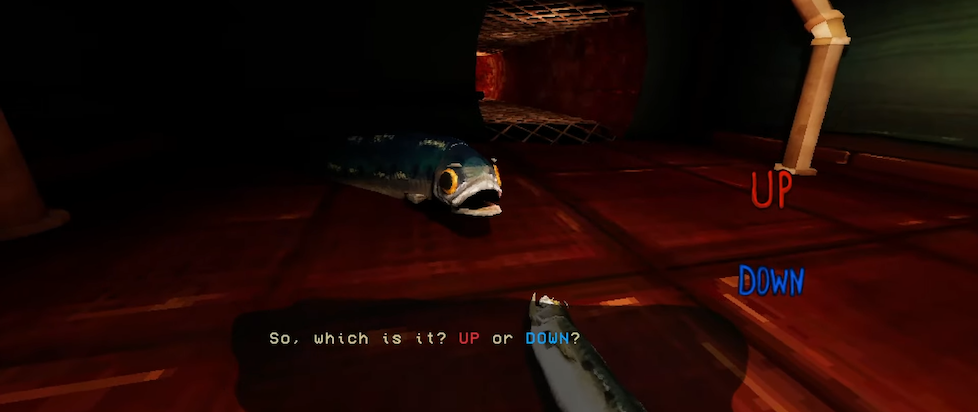 A screenshot from How Fish is Made where a low polygon fish is facing another fish and asking So, which is it? Up or Down?