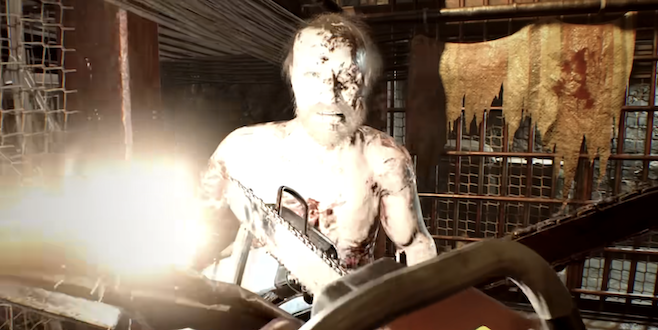 A screenshot from Resident Evil VII on Madhouse where the player and a zombie guy are having a chainsaw fight