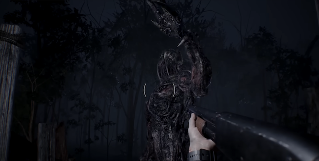 A screenshot of Resident Evil VII where the main character is aiming a shotgun at a particularly grotesque zombie