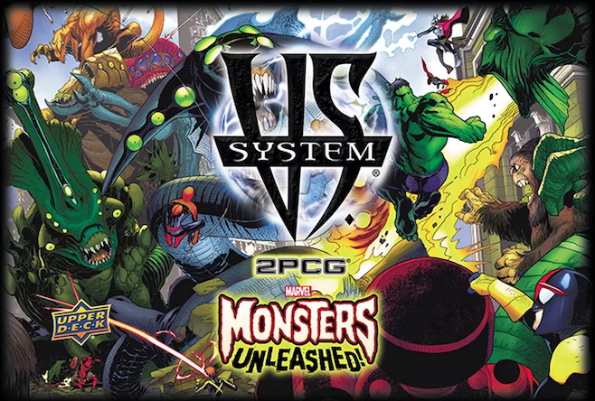 The box art for Vs. system Monsters Unlimitedfeaturing a few superheroes facing off against Kirby's most cosmic monsters