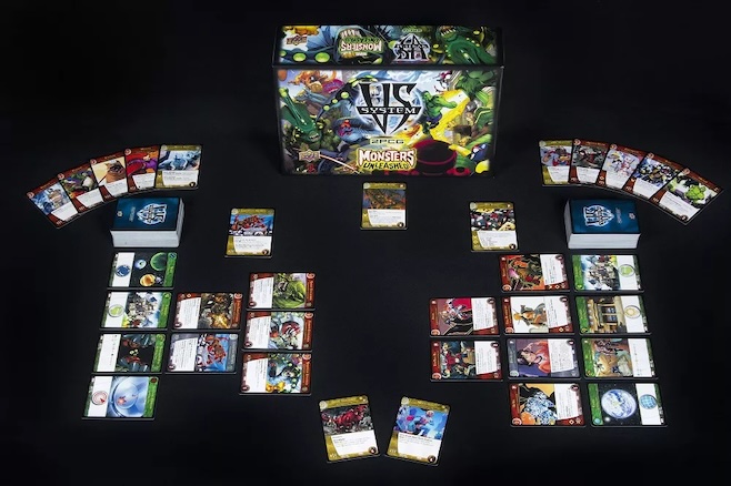 A photograph of the Vs. Monsters Unleashed set with two opponents different monster armies facing off in card form