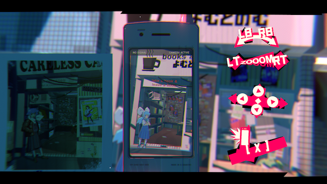 A screenshot from Unbeatable where the player is taking a phone pic of their band mate who is standing in front of a cafe