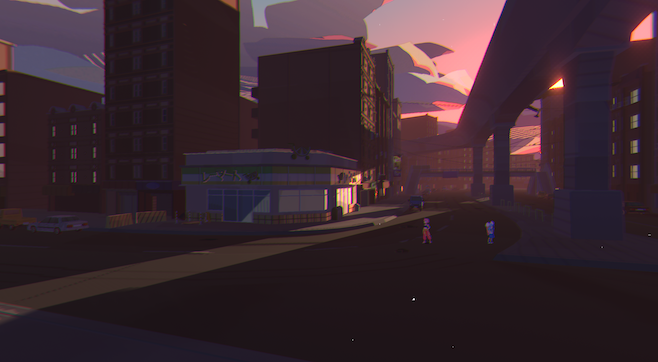 A screenshot from Unbeatable where the player is standing in a vast and empty city at sunset