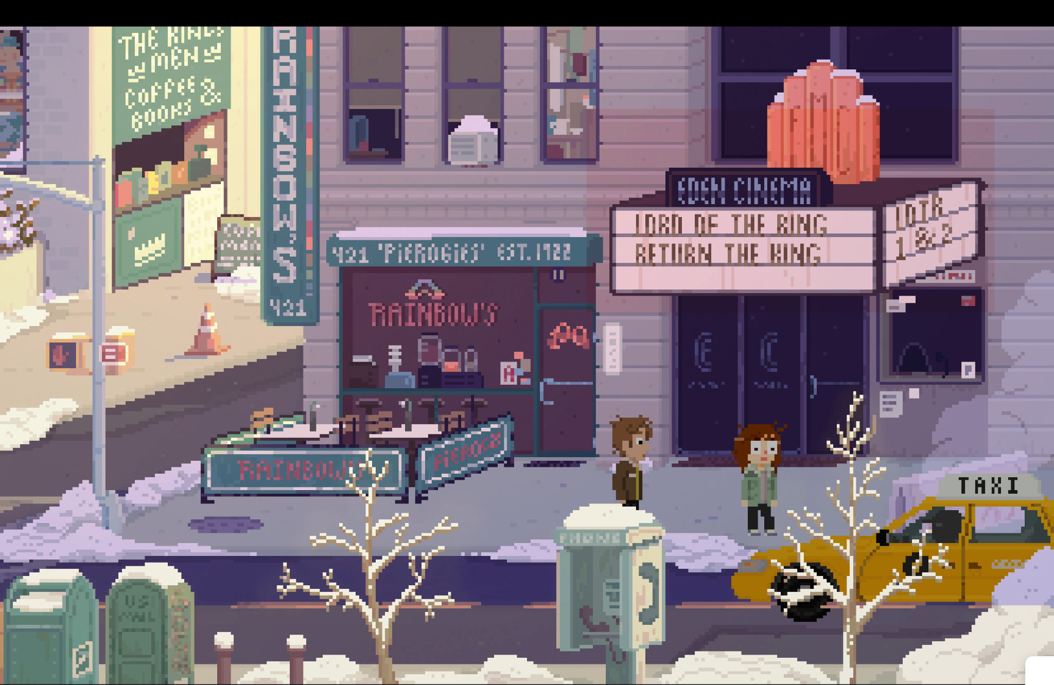 A screenshot from Station to Station shows the exterior of several buildings, including the marquee of a movie theater, along a snow-covered sidewalk.