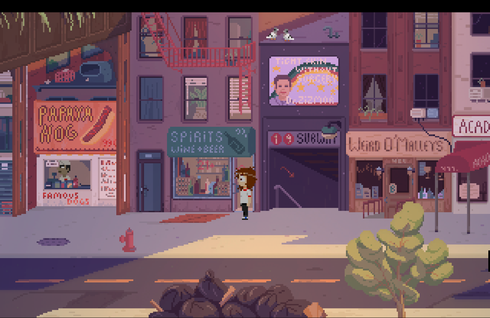 Another scene from Station to Station shows Mara standing outside a subway station on the sidewalk of another city street, this one featuring a hot dog stand, a liquor store, and a curiosity shop called "Weird O'Malley's."