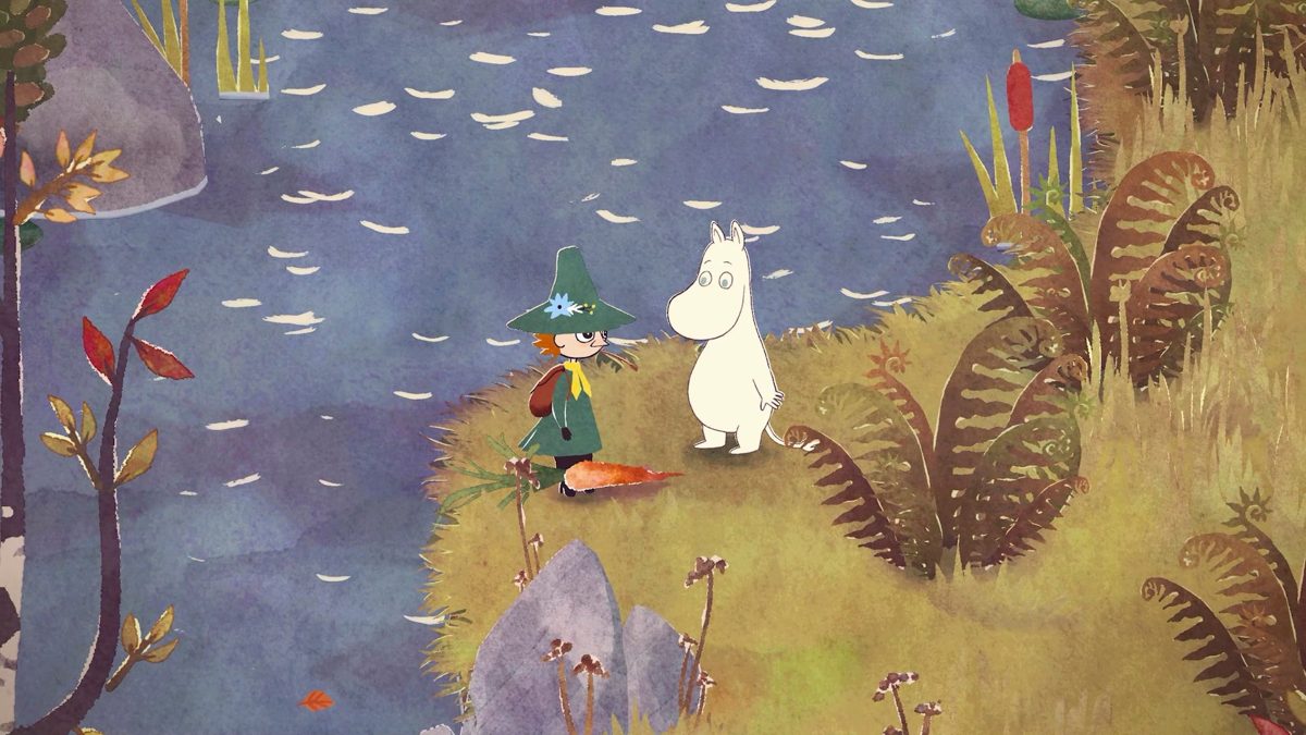 An illustration of two characters, Snufkin and Moomintroll, standing by the water.