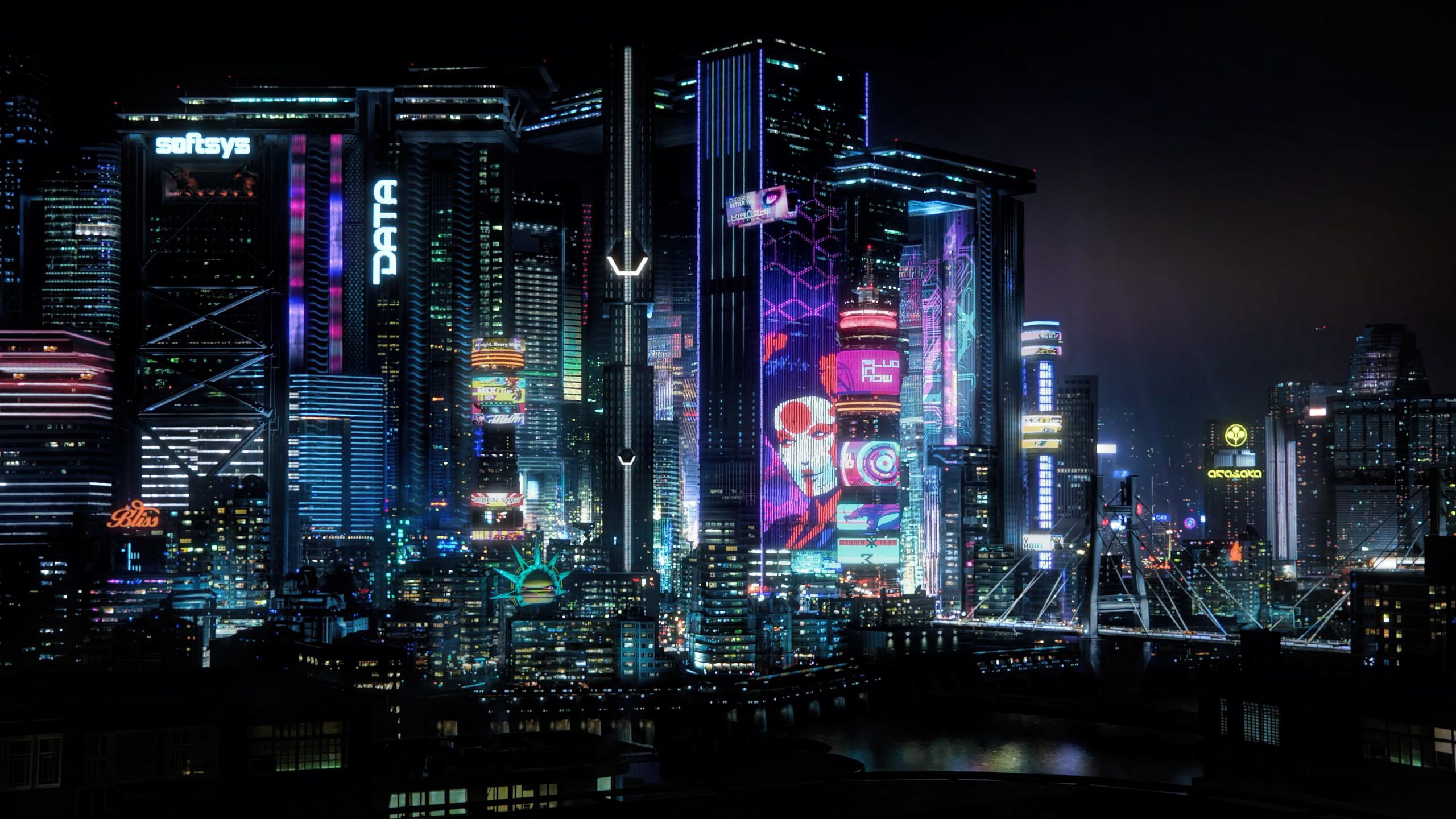A vertical, wide shot of the fictional Night City from the video game Cyberpunk 2077, showcasing a dense, futuristic cityscape at night.