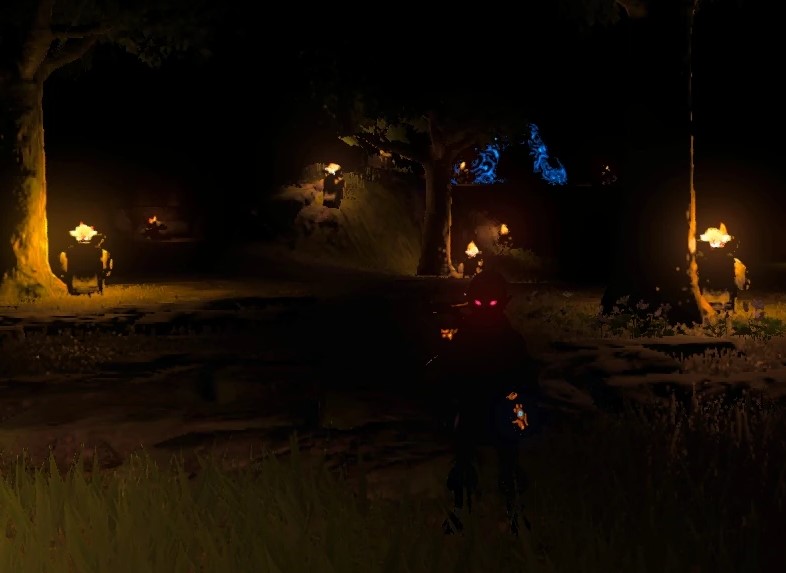Several lit torches placed on stands throughout a forested area cast both light and shadows on the ground and nearby trees. A character barely visible in the foreground possesses glowing red eyes.