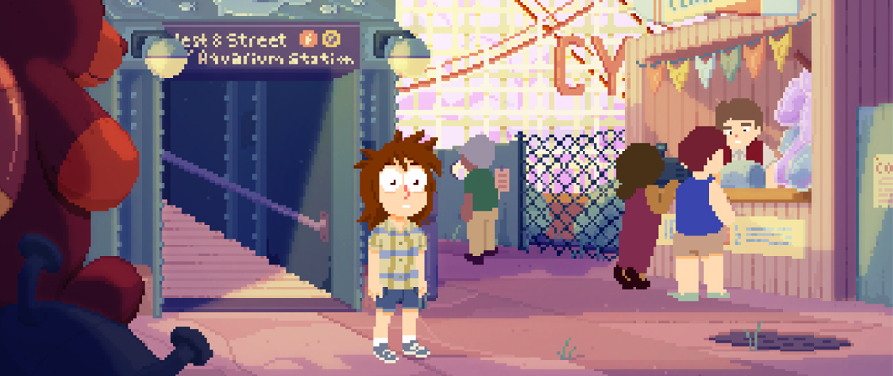 A screenshot from Perfect Tides: Station to Station shows protagonist Mara standing near the "West 8 Street" Aquarium station in an urban setting in the early 2000s.