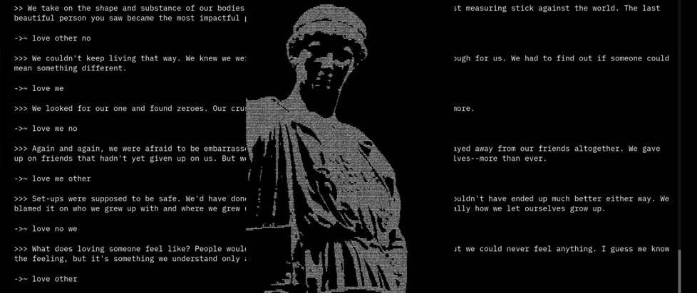A screenshot from the technological horror game >Terminal, featuring terminal-style text overlaid on a statue figure.