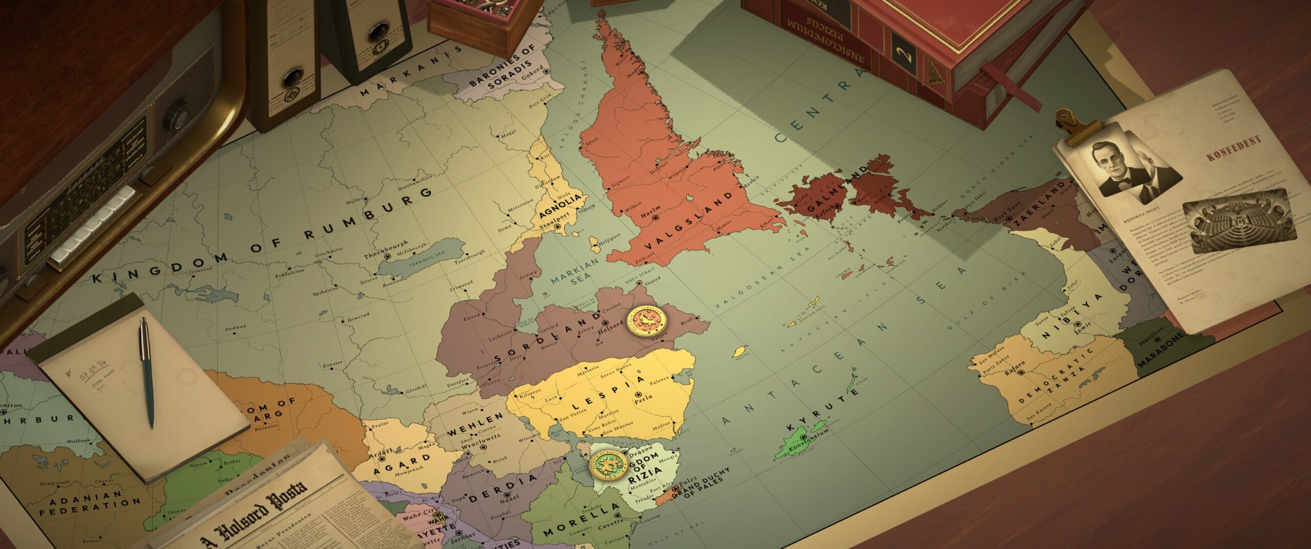 A view of Anton Rayne's desk shows a map of the world surrounded by several official documents and various map markers.