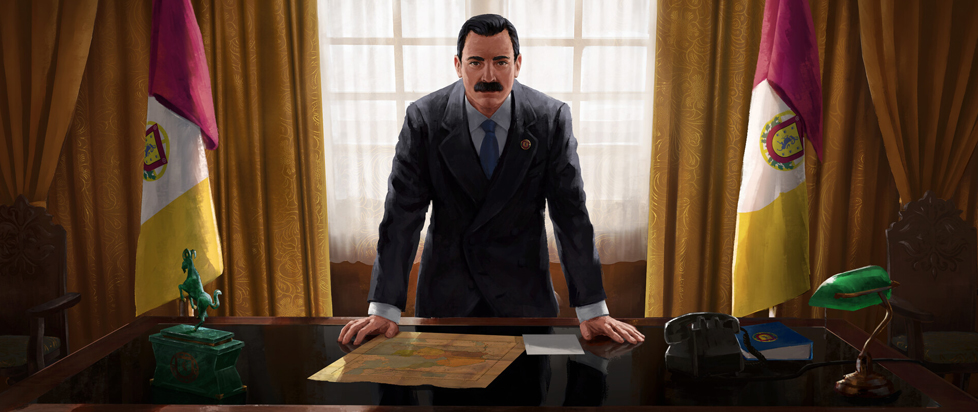 The leader in Suzerain stands resting both hands on his desk, flanked on either side by flags.