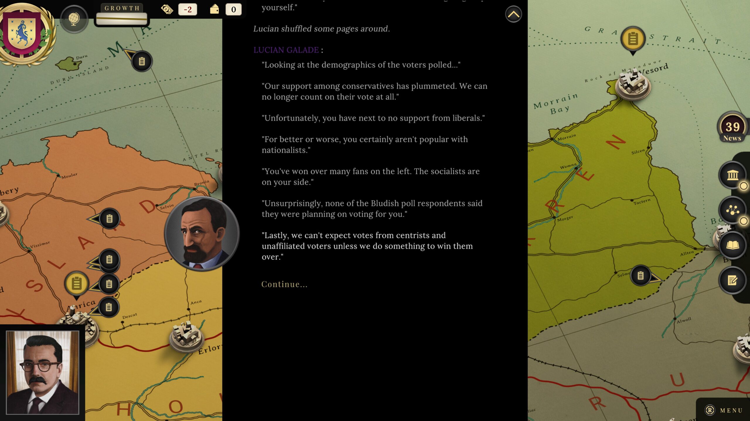 A dialogue screen from Suzerain shows a character named Lucian Galade reading off several less-than-favorable newspaper headlines.