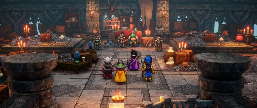 A screenshot from the Dragon Quest III HD-2D Remake showing four player characters in the foreground of a stone hall, facing several non-player characters in front of a huge throne in the background.