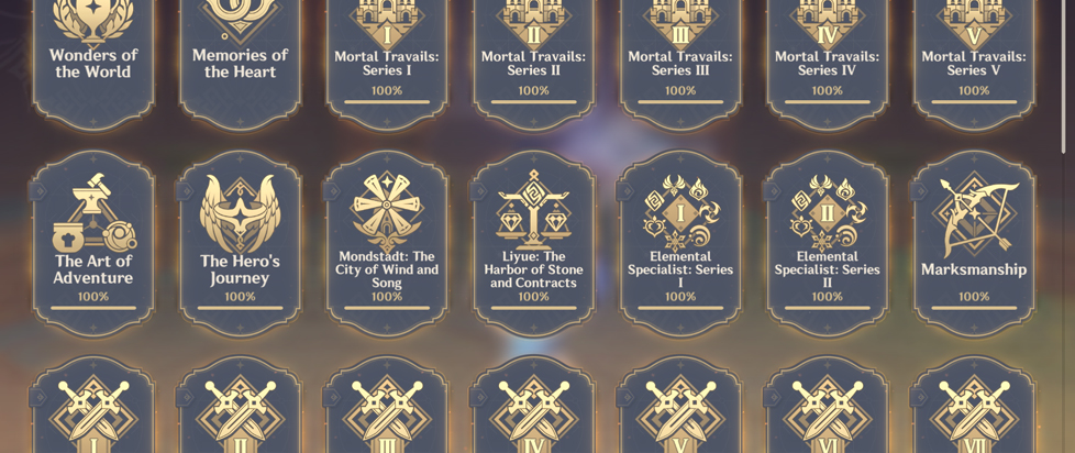 The achievement screen from the action RPG Genshin Impact showcases various achievements lined up in a grid.
