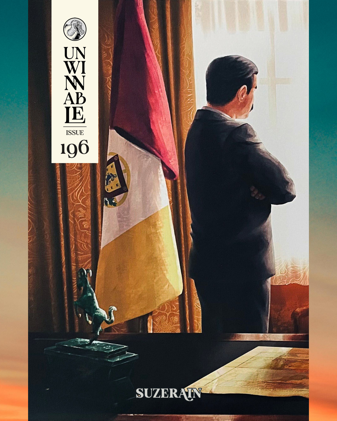 The cover of Unwinnable Monthly #196 shows a man in a suit, seemingly a head of state, gazing out of an office window with his arms folded, a flag placidly displayed directly behind him next to his desk.