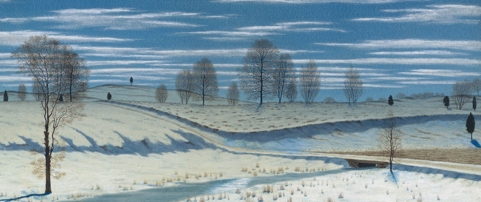 A painting titled Winter Scene in Moonlight by Henry Farrer depicts a serene, snow-covered landscape with rolling hills, bare trees, and a small stream under a blue, cloudy sky.