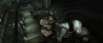 A screenshot from Batman Arkham Asylum where Batman is holding an enemy by the throat over a tall drop where the bodies of his other enemies lie unmoving