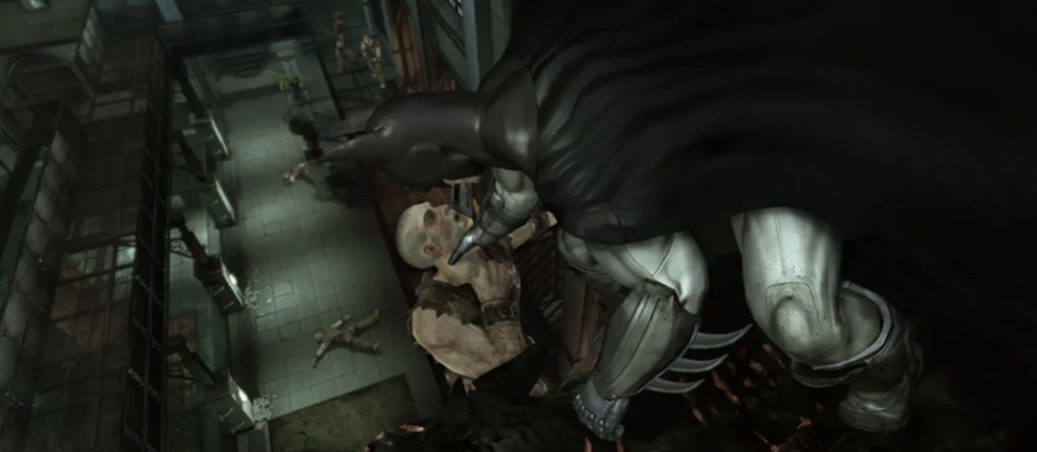A screenshot from Batman Arkham Asylum where Batman is holding an enemy by the throat over a tall drop where the bodies of his other enemies lie unmoving