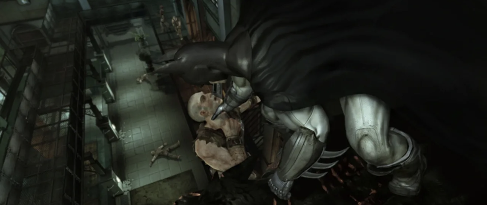 A screenshot from Batman Arkham Asylum where Batman is holding an enemy by the throat over a tall drop where the bodies of his other enemies lie unmoving