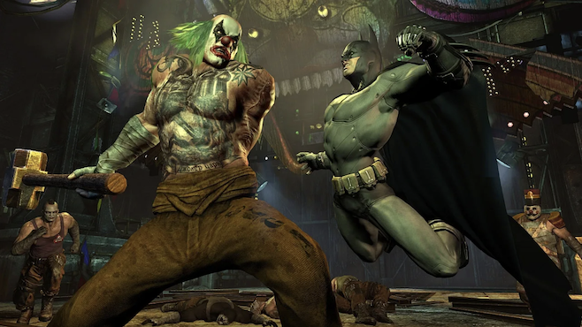 A screenshot from Batman Arkham City where Batman is flying with a fist towards a tall person dressed as a clown and missing an arm but ready to swing a sledgehammer 