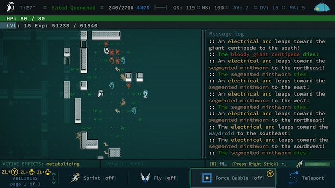 A screenshot from Caves of Qud with the player in a tight space navigating many threats