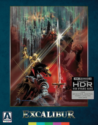 The cover art for the Arrow 4K release of Excalibur featuring a colorful painting of a hand holding the sword, a golden knight on horseback with a bloody spear, a red-faced and terrifying Merlin and a naked lady